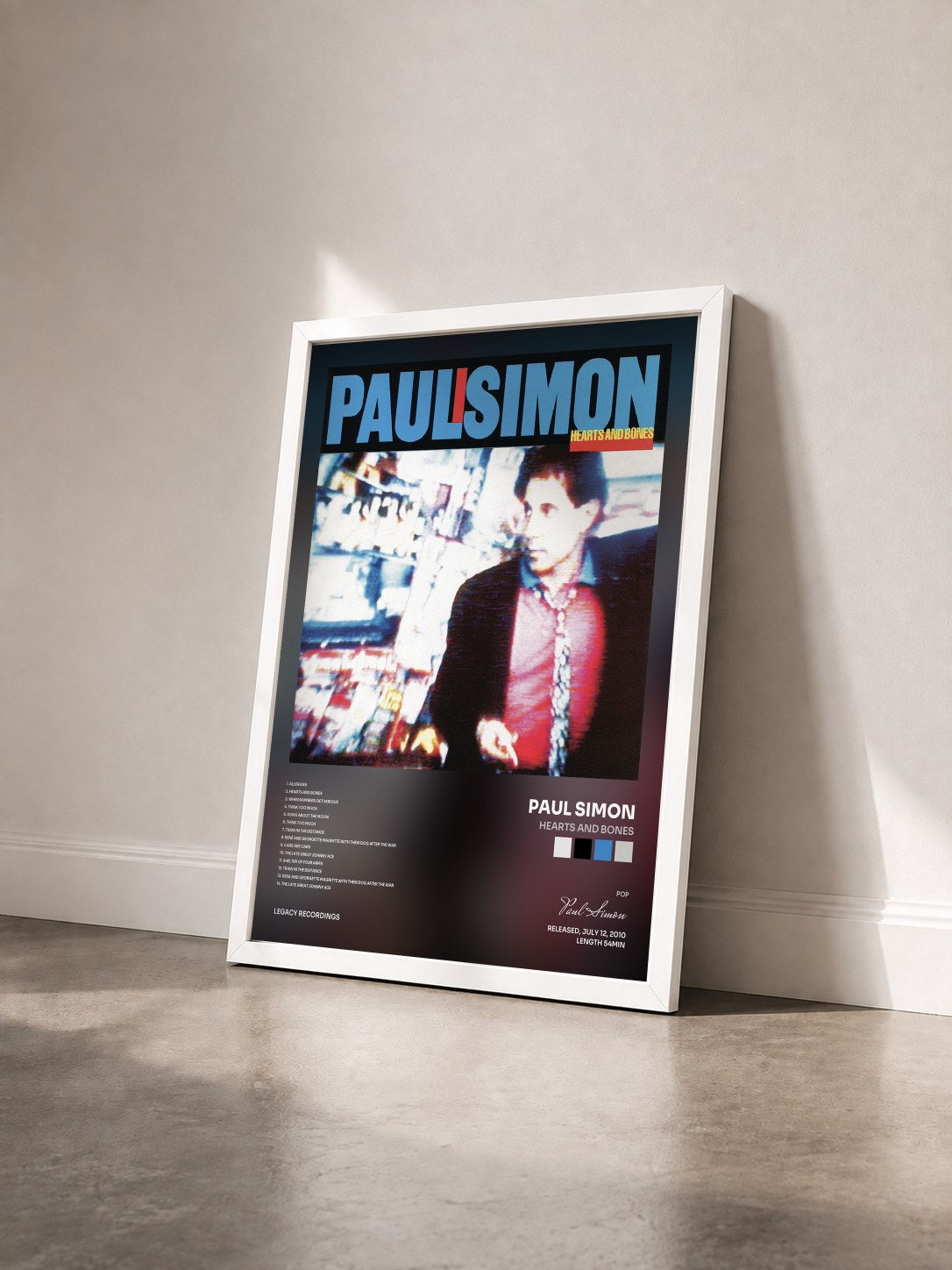 #blanc Tableau de l'album Hearts And Bones de Paul Simon vu de trois quarts, cadre blanc