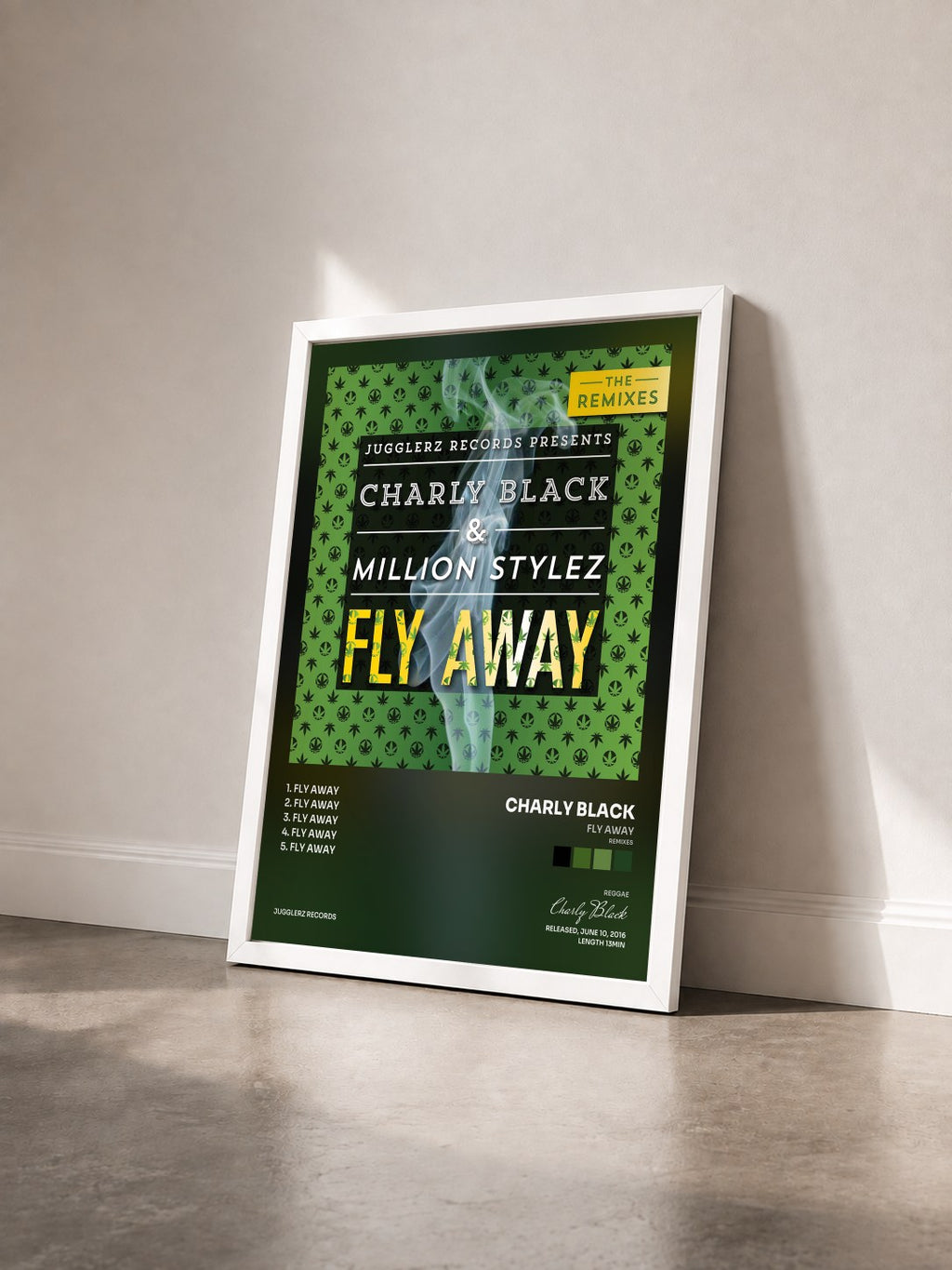 #blanc Tableau de l'album Fly Away (Remixes) de Charly Black vu de trois quarts, cadre blanc