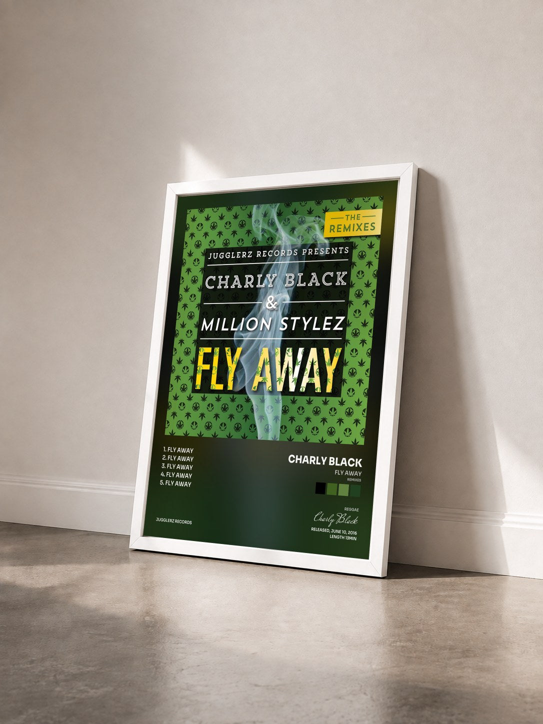 #blanc Tableau de l'album Fly Away (Remixes) de Charly Black vu de trois quarts, cadre blanc
