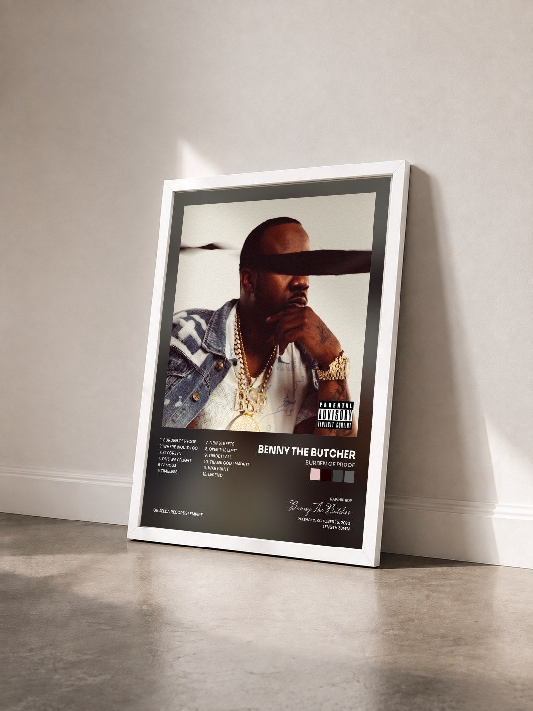 #blanc Tableau de l'album Burden of Proof de Benny The Butcher vu de trois quarts, cadre blanc