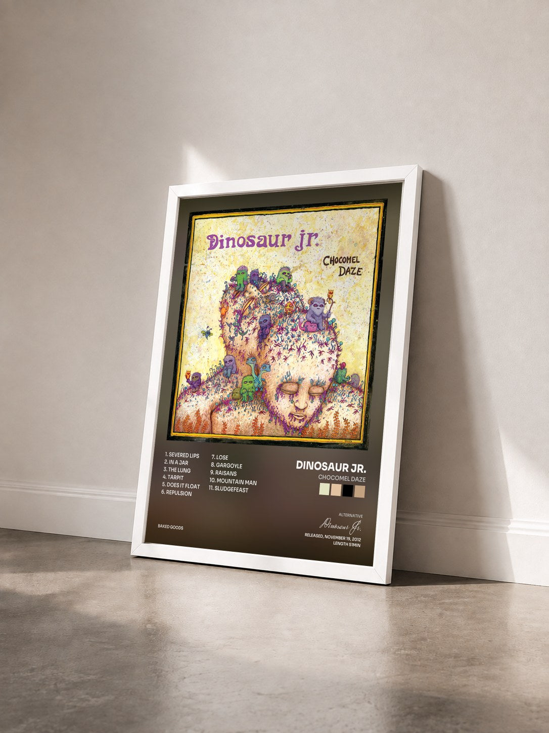 #blanc Tableau de l'album Chocomel Daze de Dinosaur Jr. vu de trois quarts, cadre blanc