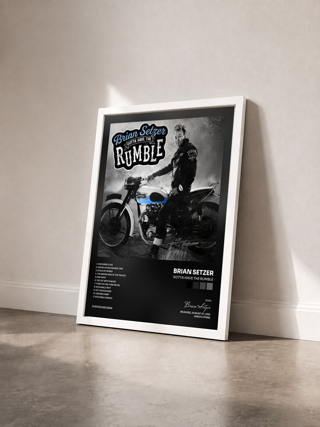 #blanc Tableau de l'album Gotta Have The Rumble de Brian Setzer vu de trois quarts, cadre blanc