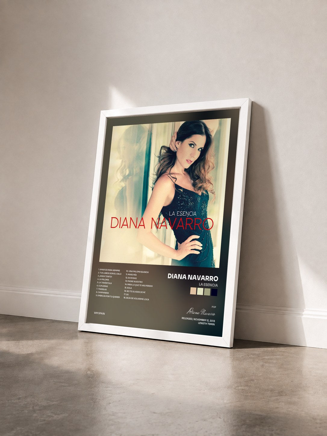#blanc Tableau de l'album La Esencia de Diana Navarro vu de trois quarts, cadre blanc