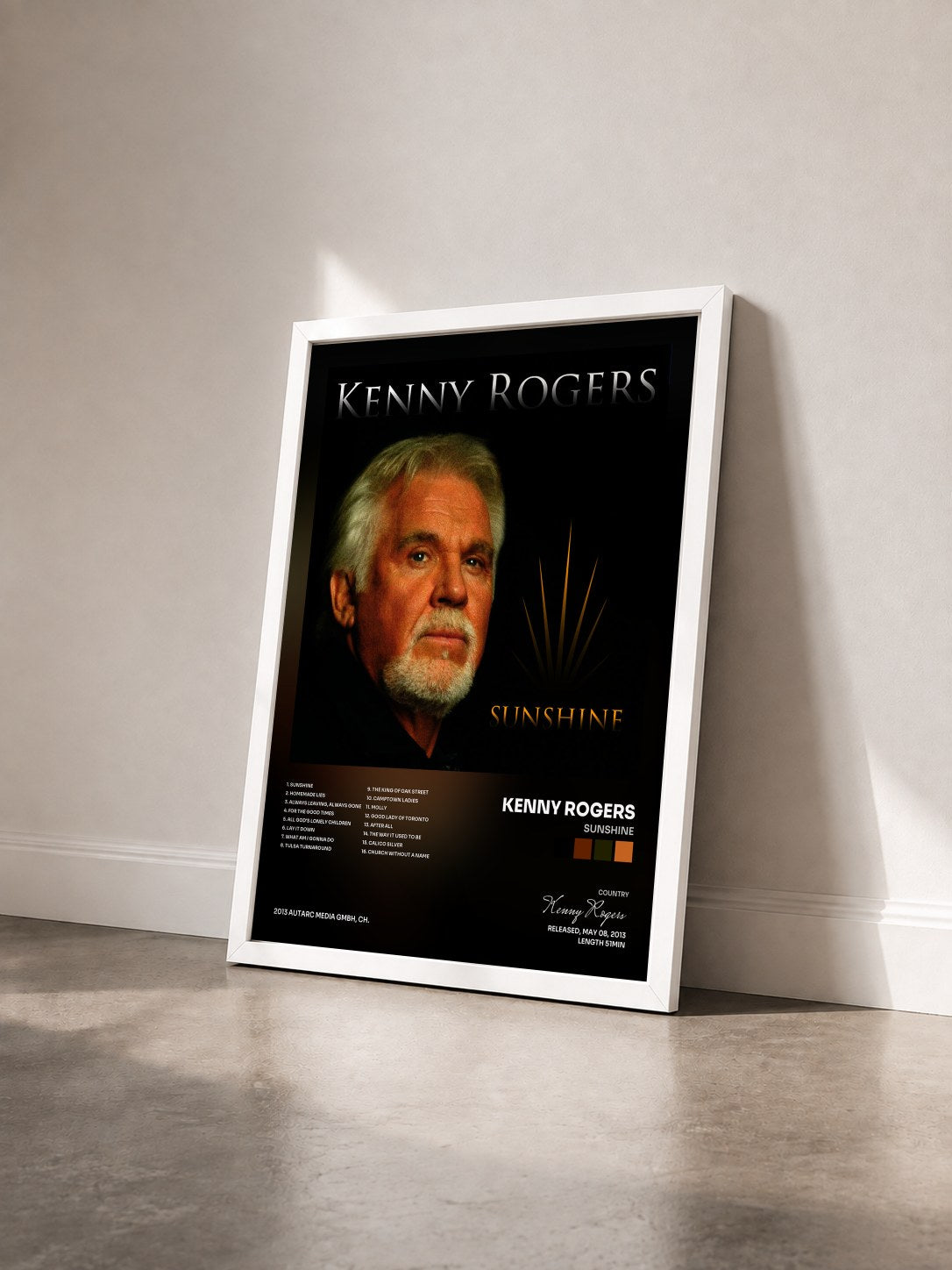 #blanc Tableau de l'album Sunshine de Kenny Rogers vu de trois quarts, cadre blanc