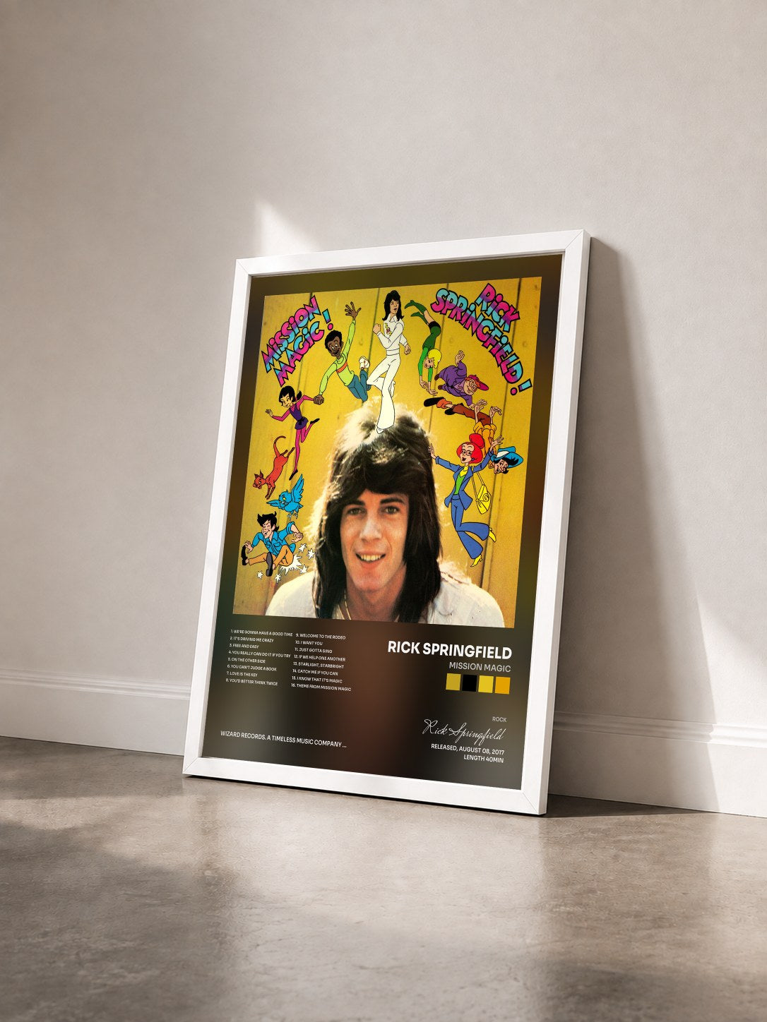 #blanc Tableau de l'album Mission Magic de Rick Springfield vu de trois quarts, cadre blanc