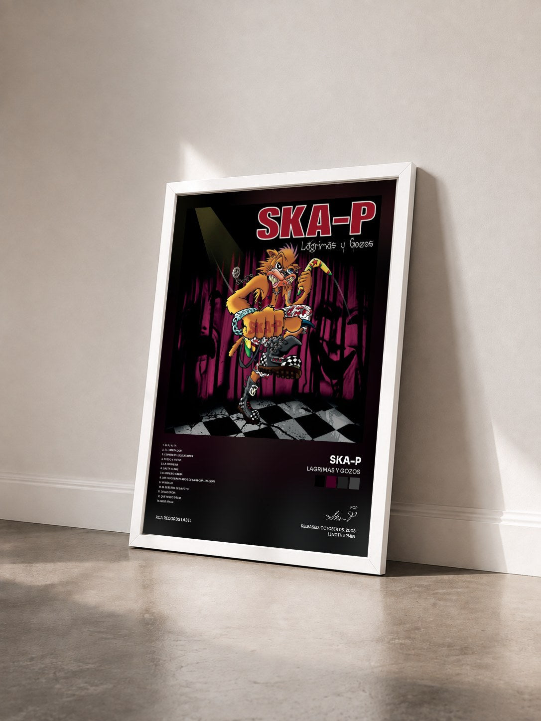 #blanc Tableau de l'album Lagrimas Y Gozos de Ska-P vu de trois quarts, cadre blanc
