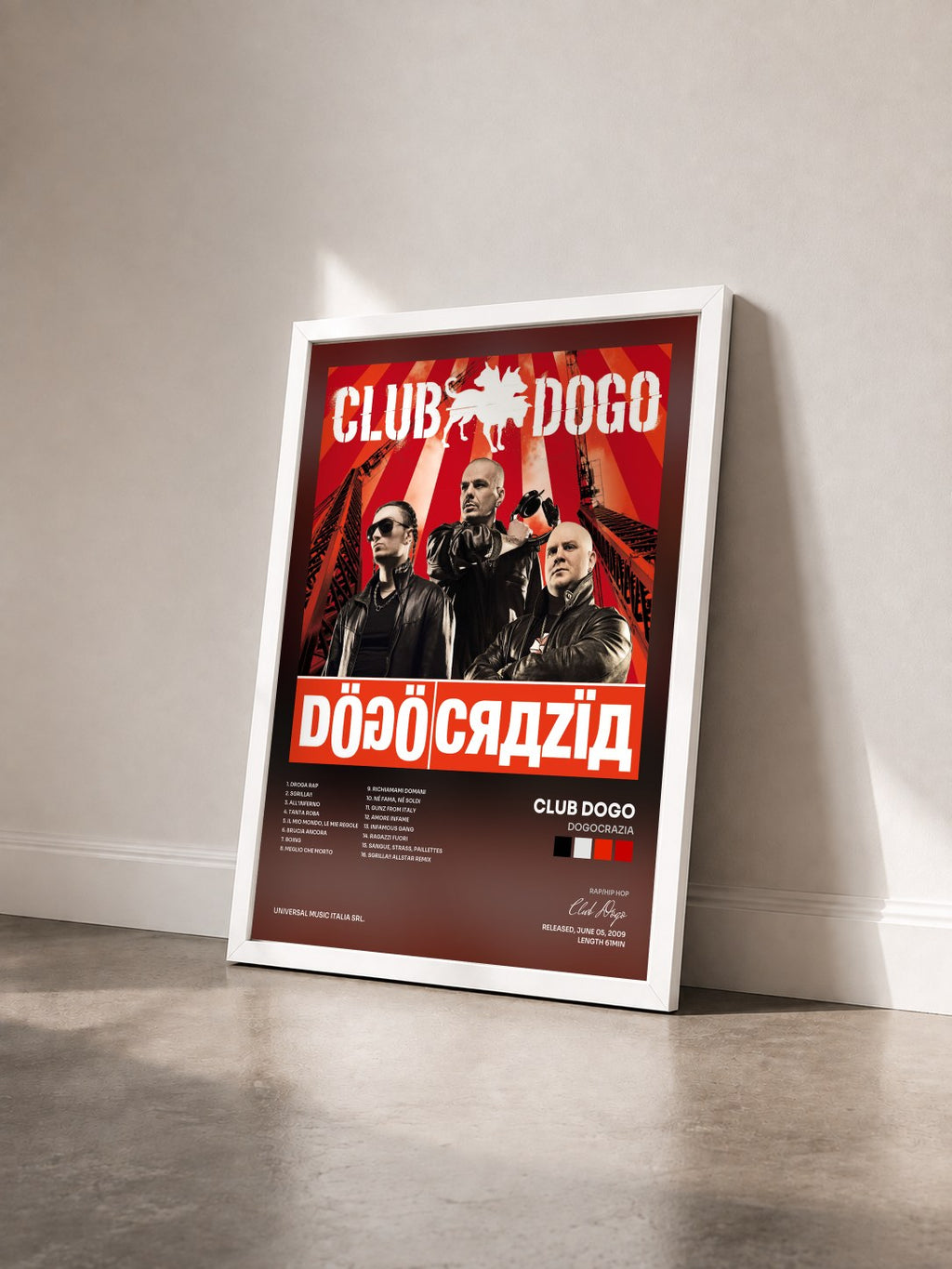 #blanc Dogocrazia by Club Dogo as a framed art print seen at an angle, white frame