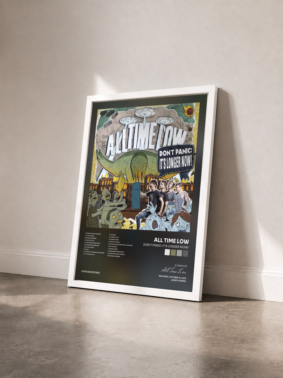 #blanc Tableau de l'album Don't Panic: It's Longer Now! de All Time Low vu de trois quarts, cadre blanc