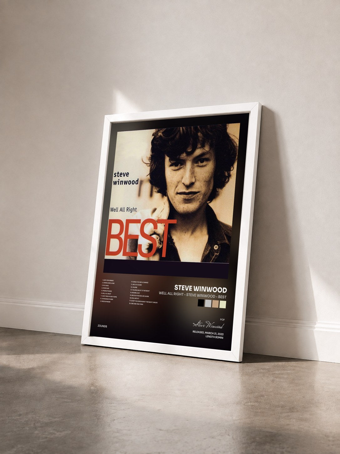 #blanc Tableau de l'album Well All Right - Steve Winwood - Best de Steve Winwood vu de trois quarts, cadre blanc