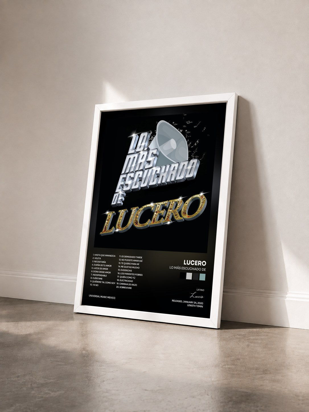 #blanc Tableau de l'album Lo Más Escuchado De de Lucero vu de trois quarts, cadre blanc