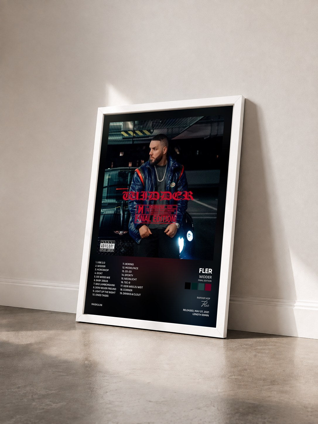 #blanc Tableau de l'album WIDDER (FINAL EDITION) de Fler vu de trois quarts, cadre blanc