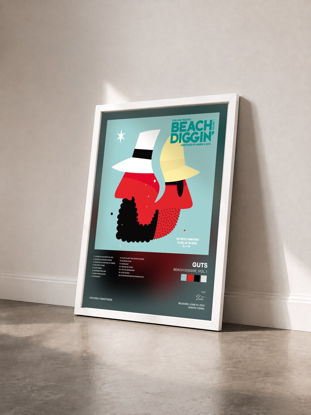 #blanc Tableau de l'album Beach Diggin’, Vol. 1 de Guts vu de trois quarts, cadre blanc