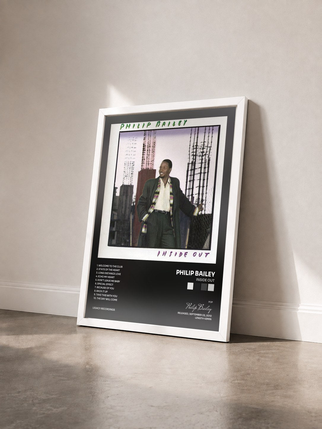 #blanc Tableau de l'album Inside Out de Philip Bailey vu de trois quarts, cadre blanc