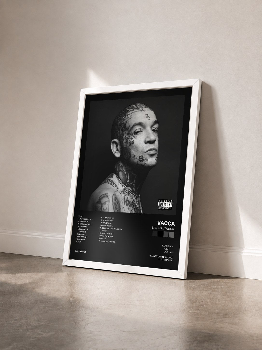 #blanc Tableau de l'album Bad Reputation de Vacca vu de trois quarts, cadre blanc