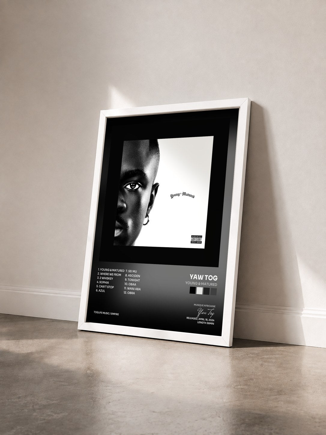 #blanc Tableau de l'album Young & Matured de Yaw Tog vu de trois quarts, cadre blanc