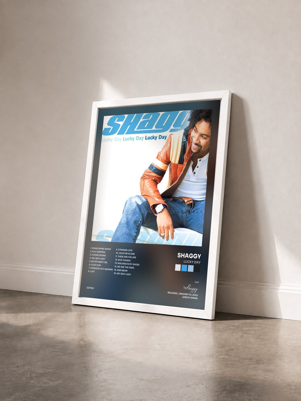 #blanc Tableau de l'album Lucky Day de Shaggy vu de trois quarts, cadre blanc