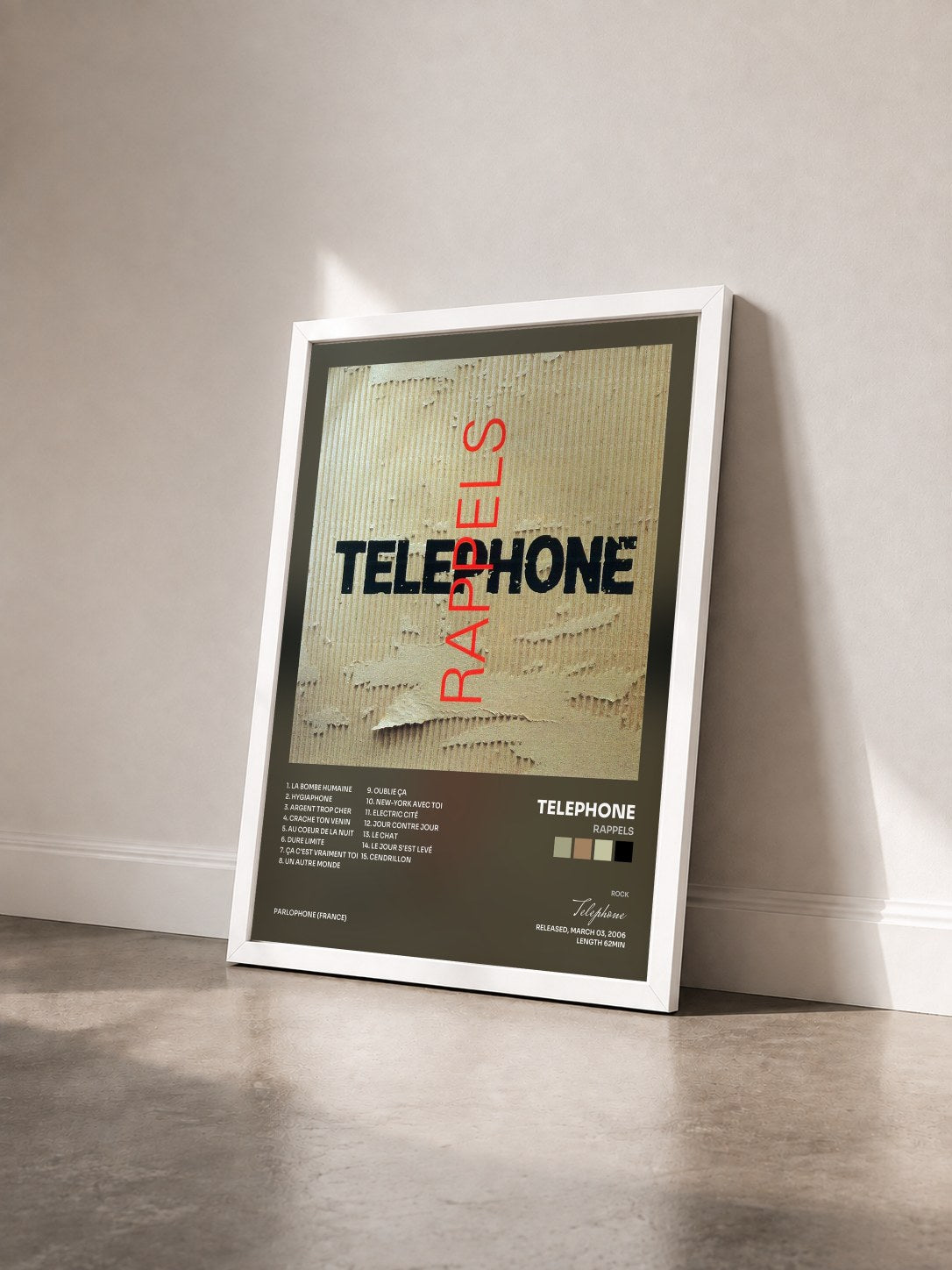 #blanc Tableau de l'album Rappels de Telephone vu de trois quarts, cadre blanc