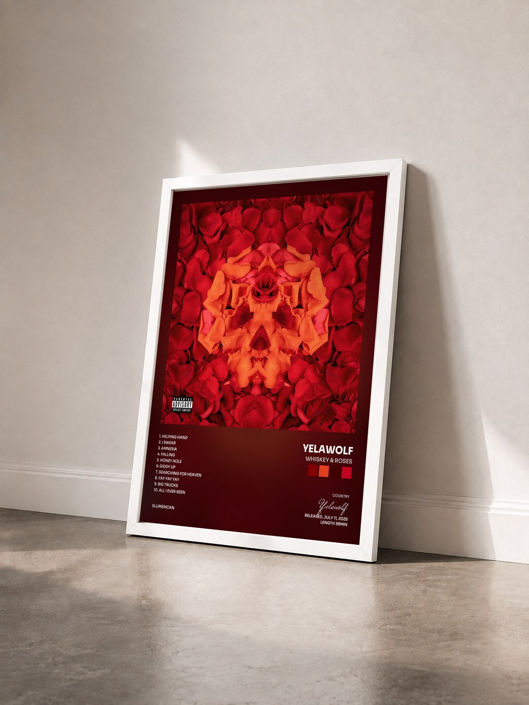 #blanc Tableau de l'album Whiskey & Roses de Yelawolf vu de trois quarts, cadre blanc