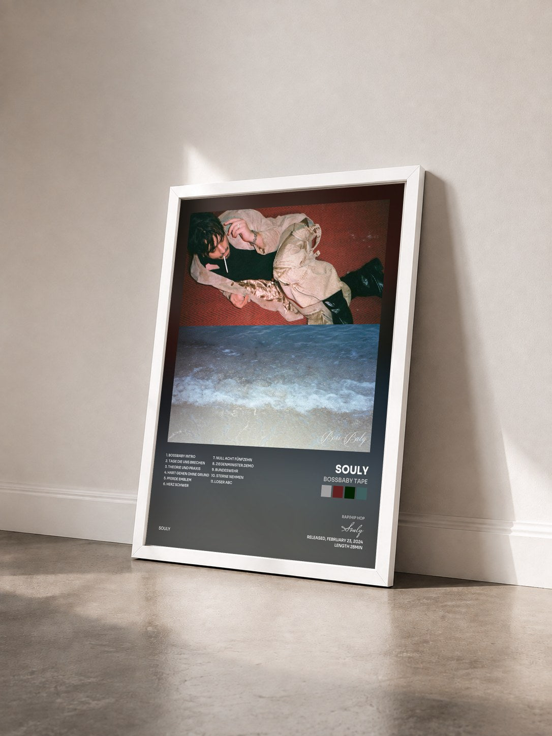 #blanc Tableau de l'album Bossbaby Tape de Souly vu de trois quarts, cadre blanc