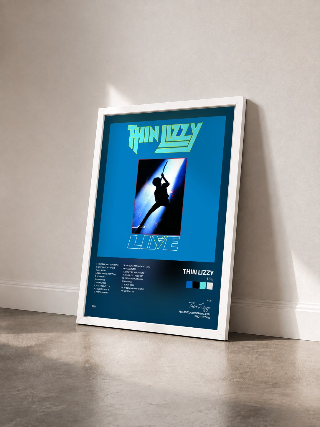 #blanc Tableau de l'album Life de Thin Lizzy vu de trois quarts, cadre blanc