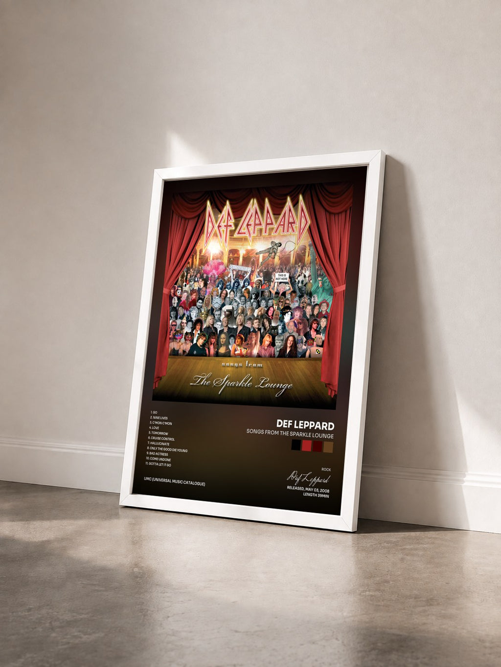 #blanc Tableau de l'album Songs From The Sparkle Lounge de Def Leppard vu de trois quarts, cadre blanc