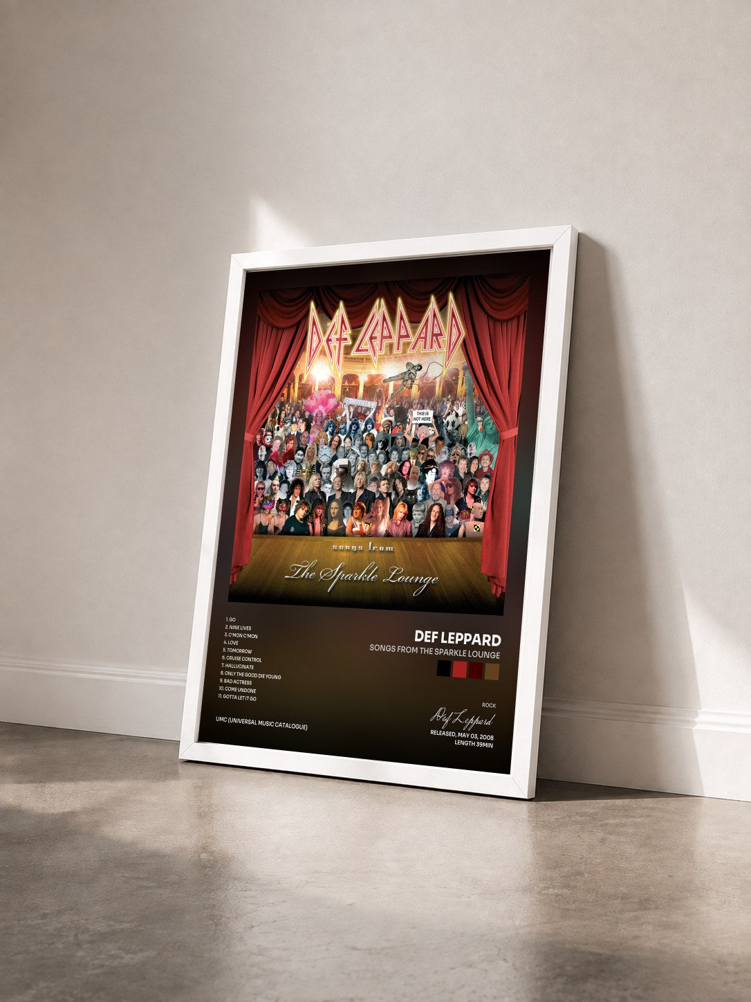 #blanc Tableau de l'album Songs From The Sparkle Lounge de Def Leppard vu de trois quarts, cadre blanc
