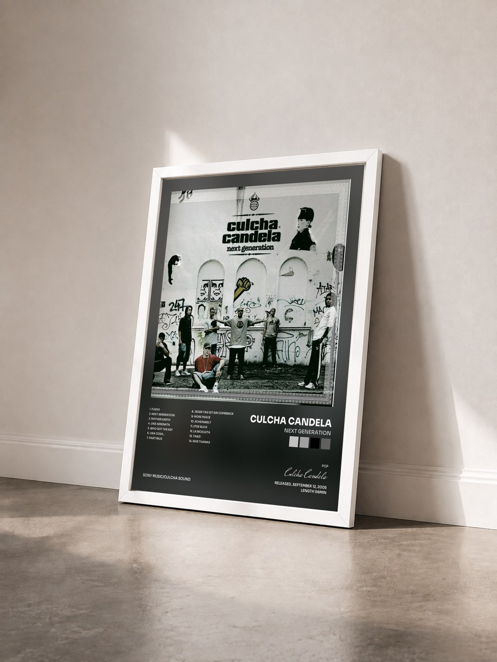 #blanc Tableau de l'album Next Generation de Culcha Candela vu de trois quarts, cadre blanc