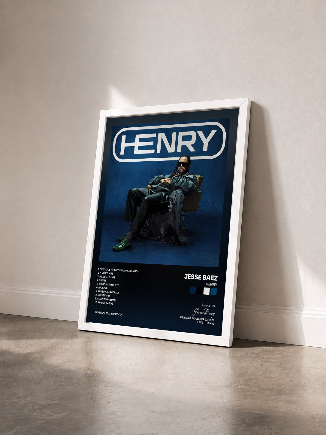 #blanc Tableau de l'album HENRY de Jesse Baez vu de trois quarts, cadre blanc