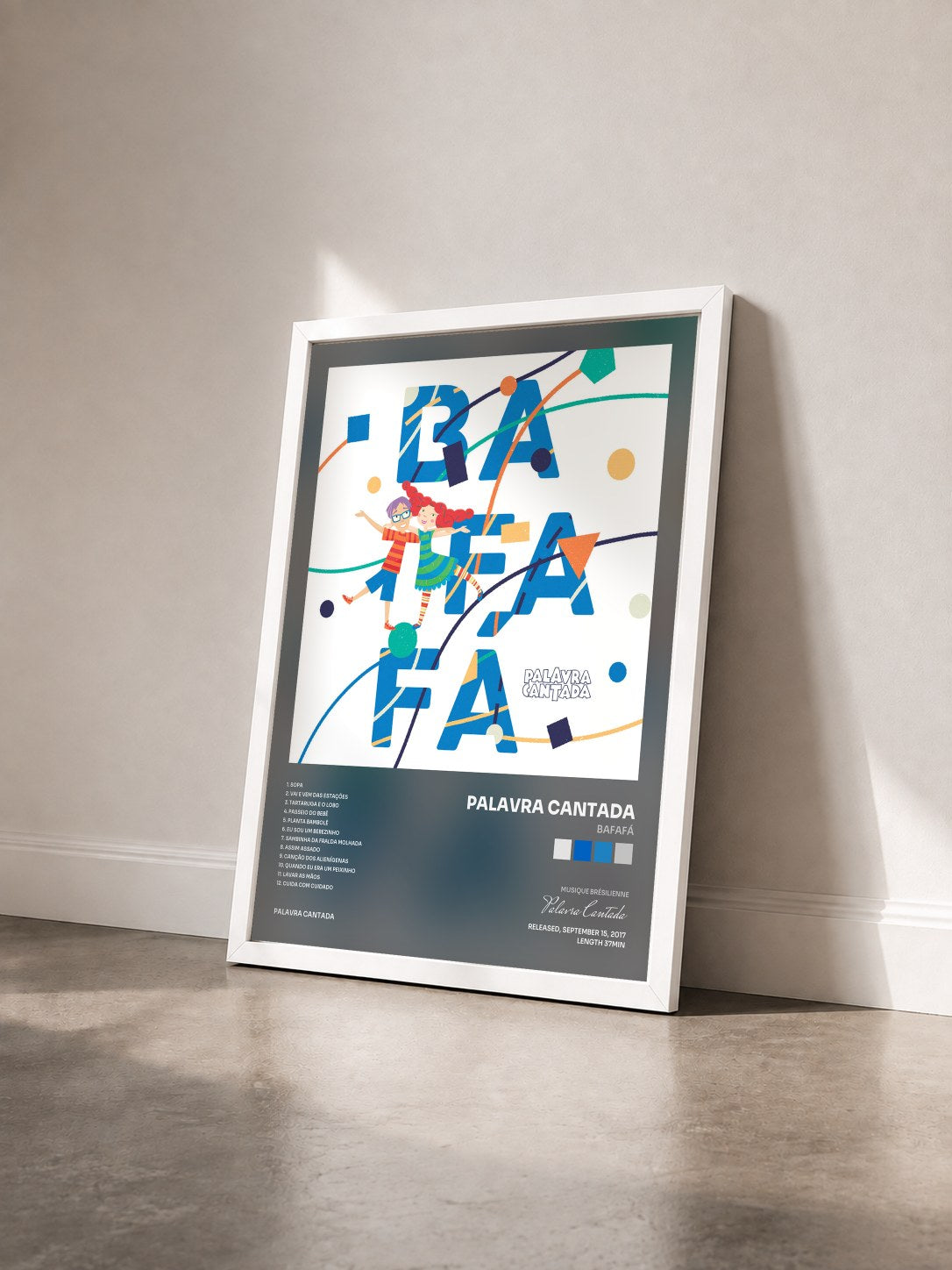 #blanc Tableau de l'album Bafafá de Palavra Cantada vu de trois quarts, cadre blanc