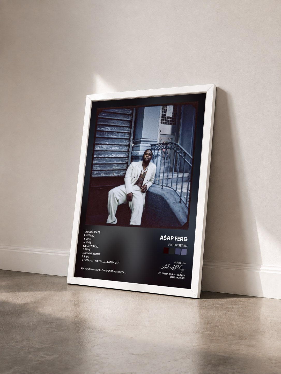 #blanc Tableau de l'album Floor Seats de A$AP Ferg vu de trois quarts, cadre blanc