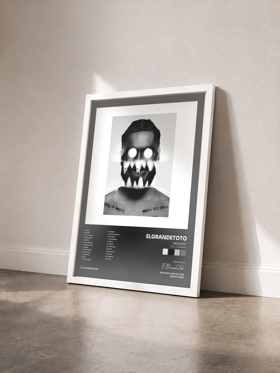 #blanc Tableau de l'album SALGOAT (Vol. 2 - Extension) de ElGrandeToto vu de trois quarts, cadre blanc