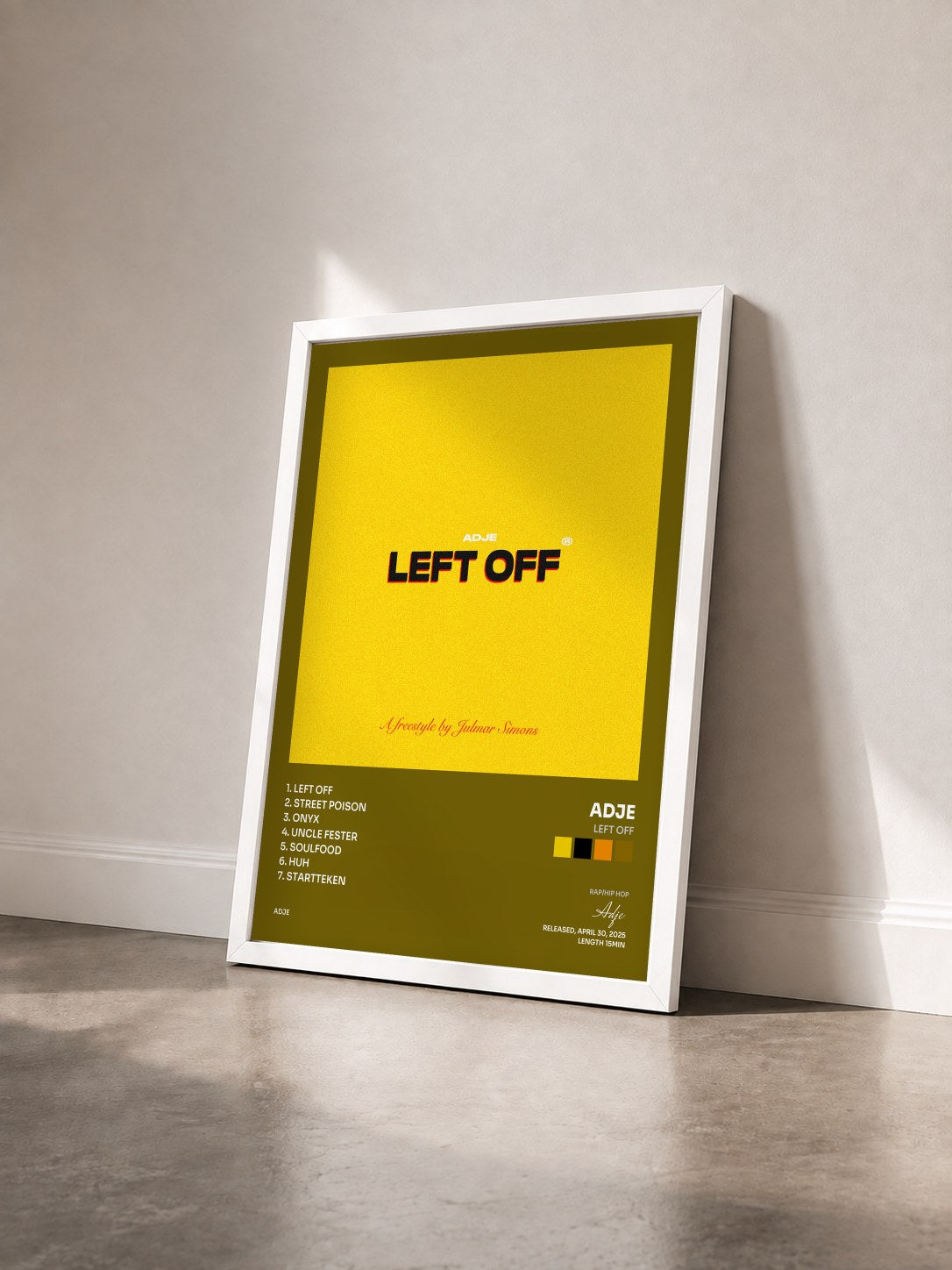 #blanc Tableau de l'album left off de Adje vu de trois quarts, cadre blanc