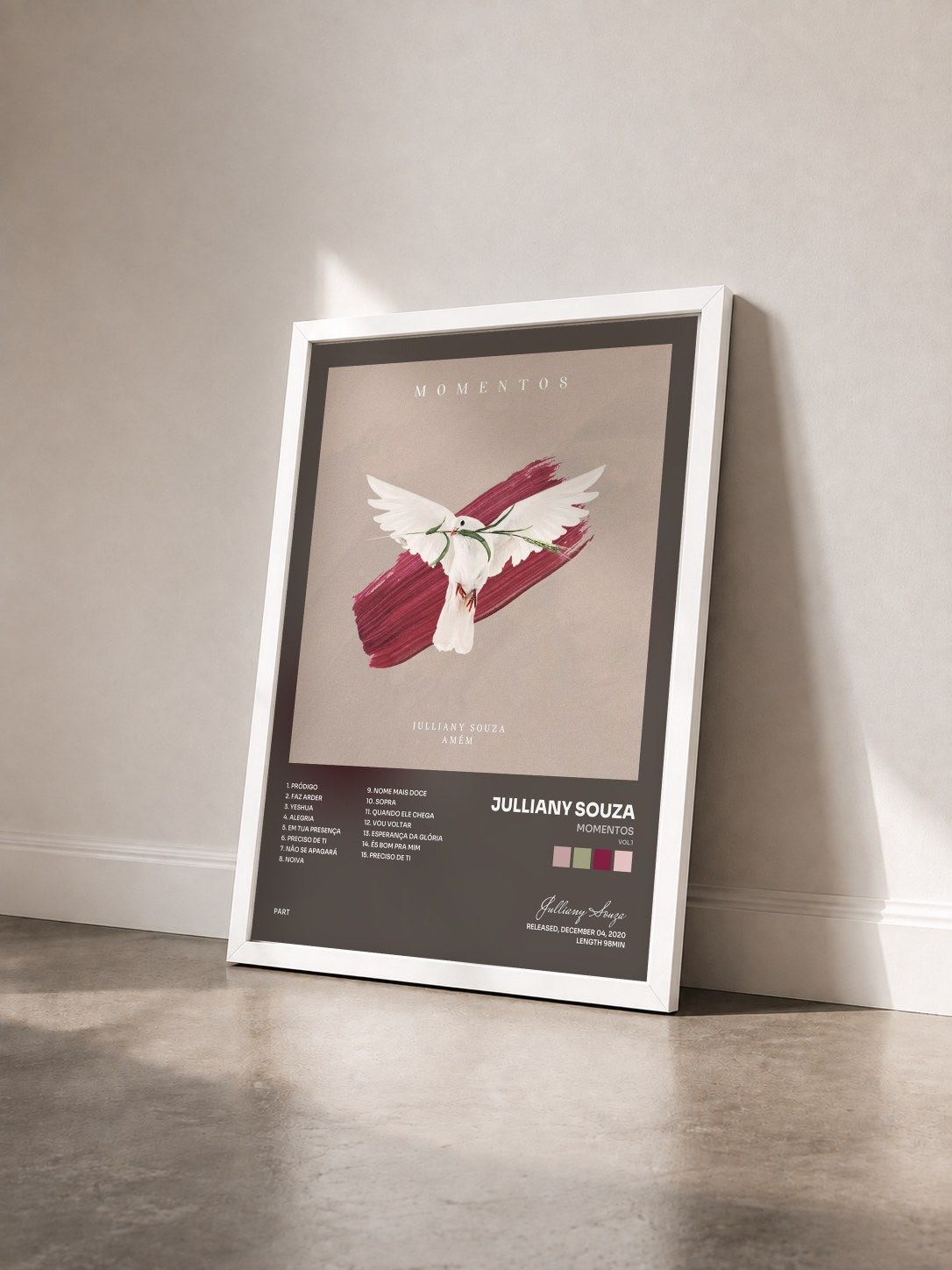 #blanc Tableau de l'album Momentos (Vol.1) de Julliany Souza vu de trois quarts, cadre blanc
