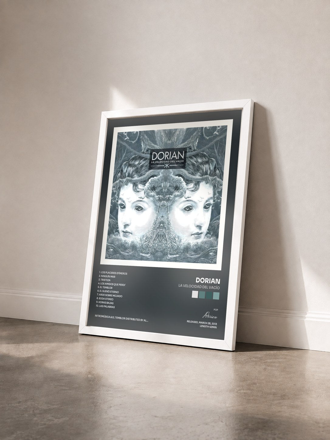 #blanc Tableau de l'album La Velocidad Del Vacío de Dorian vu de trois quarts, cadre blanc
