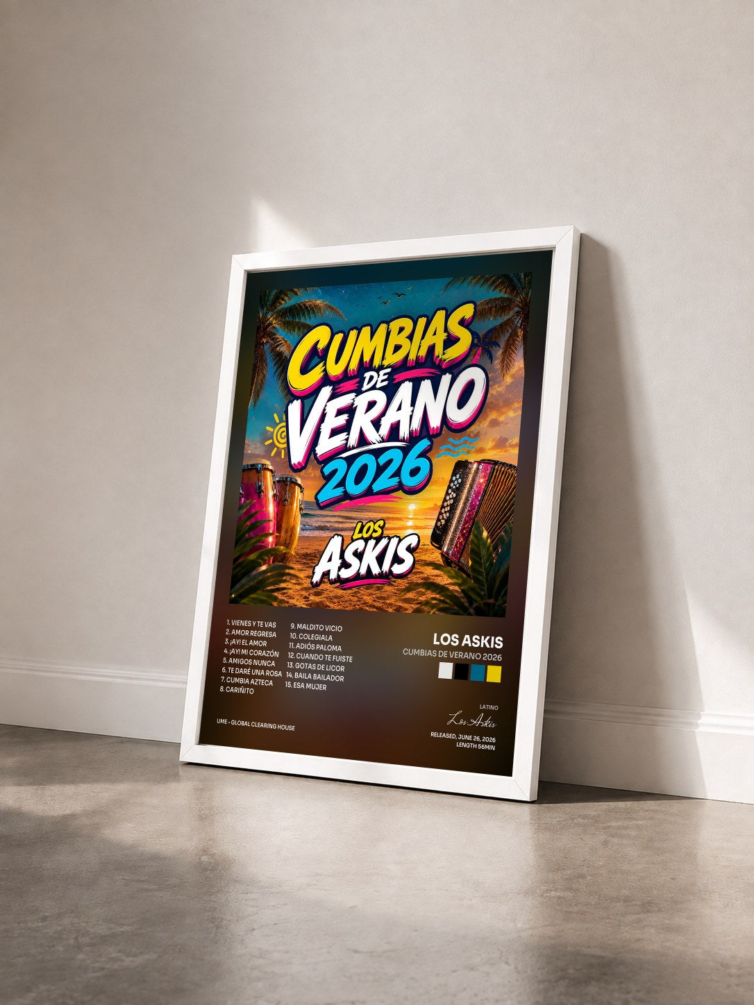 #blanc Tableau de l'album CUMBIAS DE VERANO 2026 de Los Askis vu de trois quarts, cadre blanc