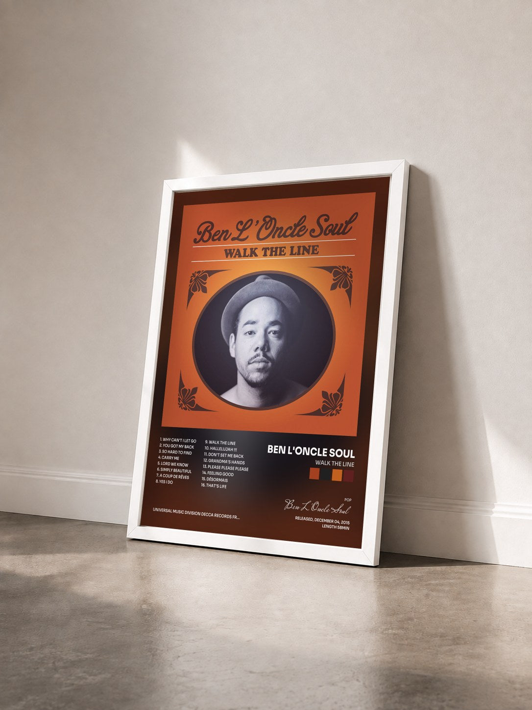 #blanc Tableau de l'album Walk The Line de Ben L'Oncle Soul vu de trois quarts, cadre blanc