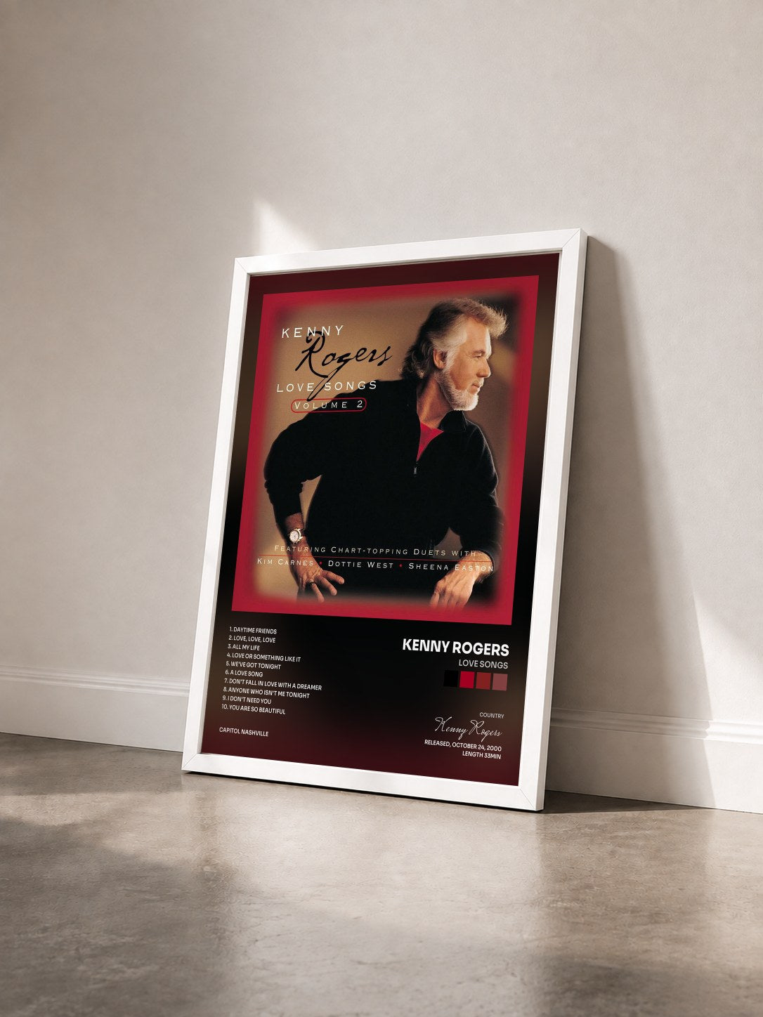 #blanc Tableau de l'album Love Songs de Kenny Rogers vu de trois quarts, cadre blanc