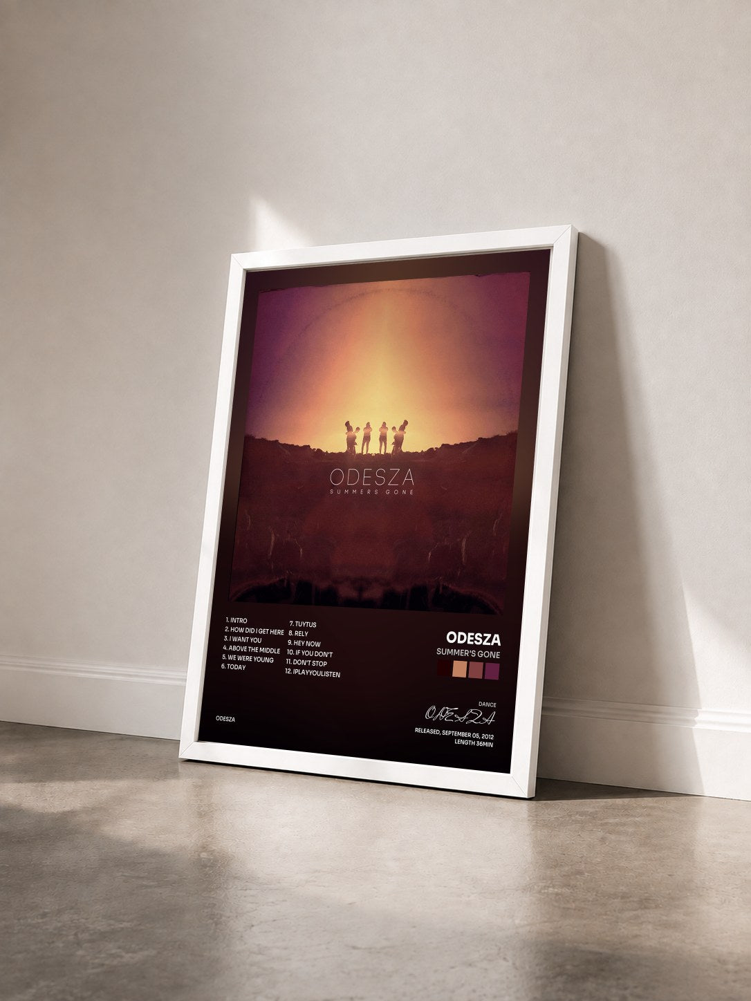 #blanc Tableau de l'album Summer's Gone de ODESZA vu de trois quarts, cadre blanc