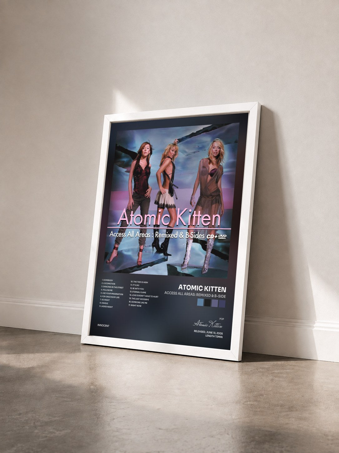 #blanc Tableau de l'album Access All Areas: Remixed & B-Side de Atomic Kitten vu de trois quarts, cadre blanc