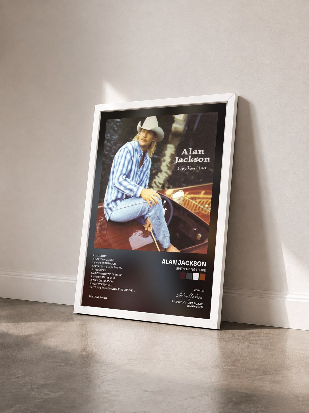 #blanc Tableau de l'album Everything I Love de Alan Jackson vu de trois quarts, cadre blanc