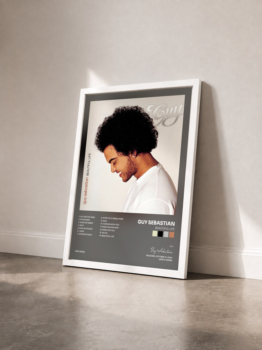 #blanc Tableau de l'album Beautiful Life de Guy Sebastian vu de trois quarts, cadre blanc