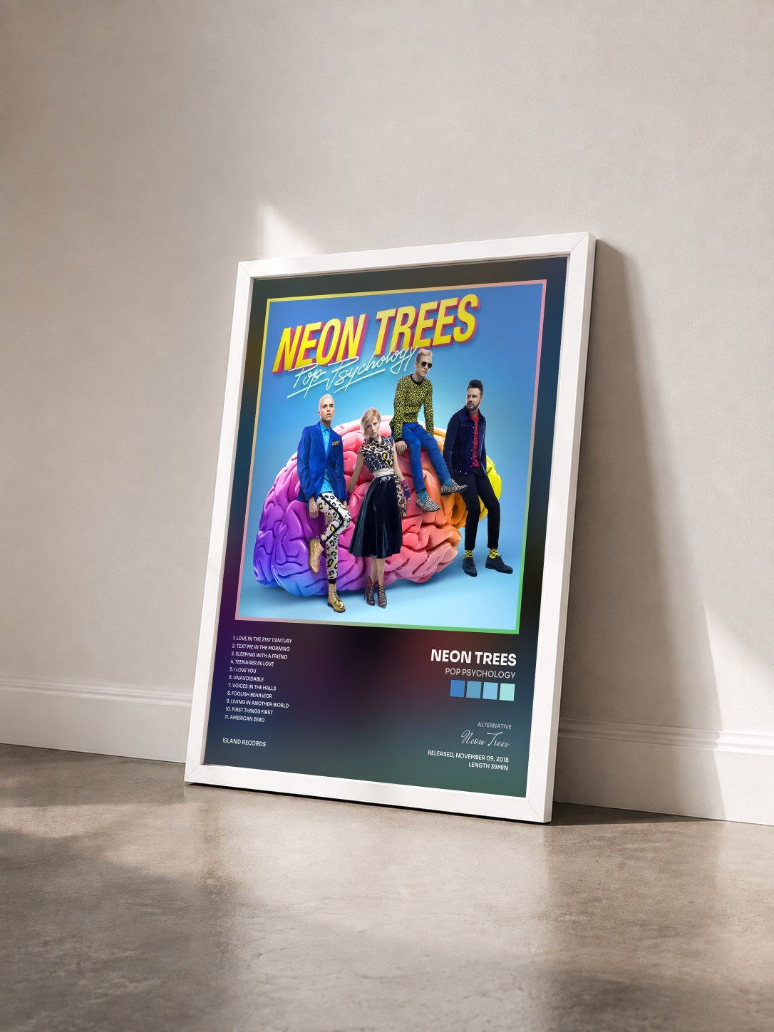 #blanc Tableau de l'album Pop Psychology de Neon Trees vu de trois quarts, cadre blanc