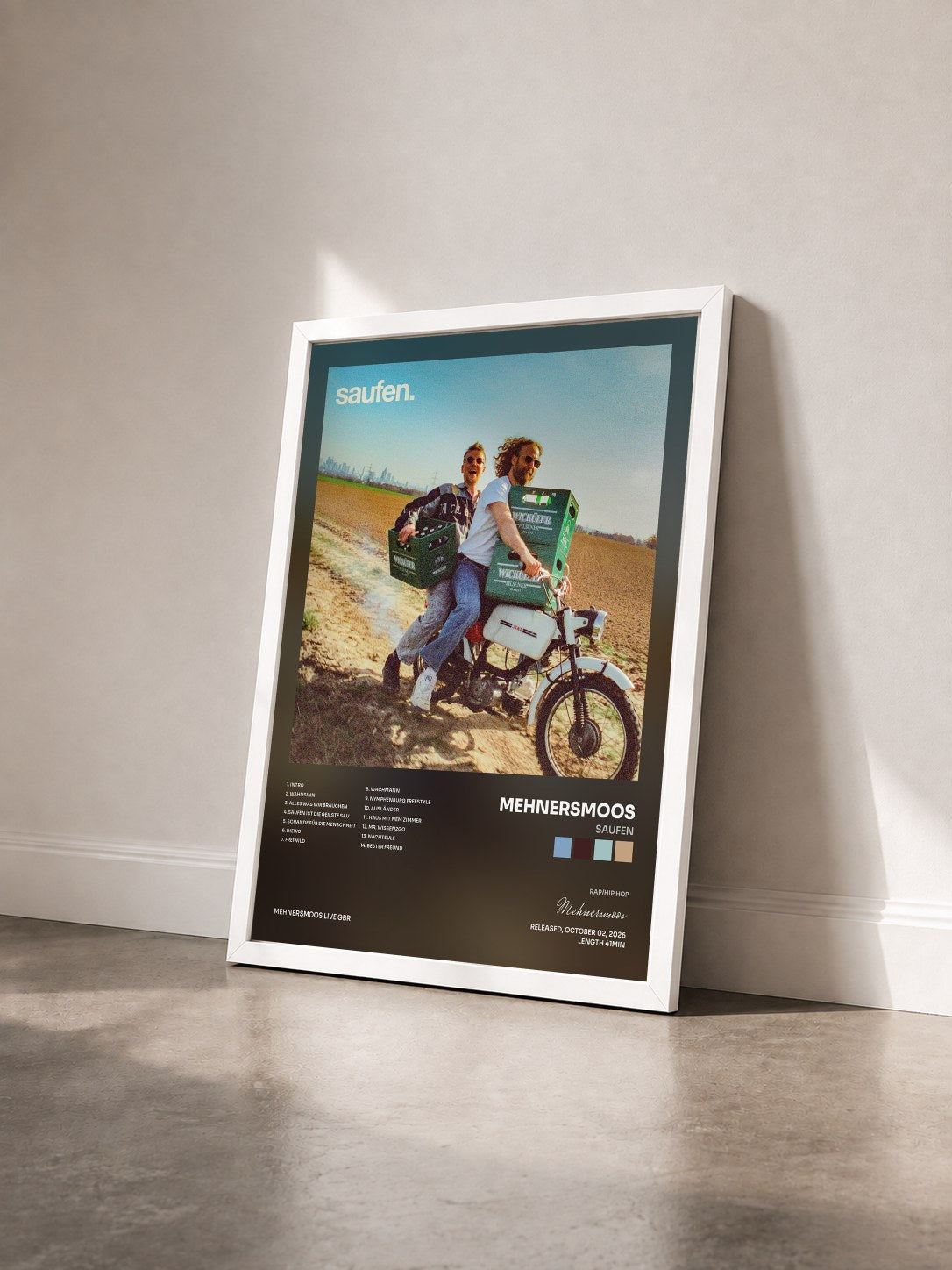 #blanc Tableau de l'album saufen de Mehnersmoos vu de trois quarts, cadre blanc