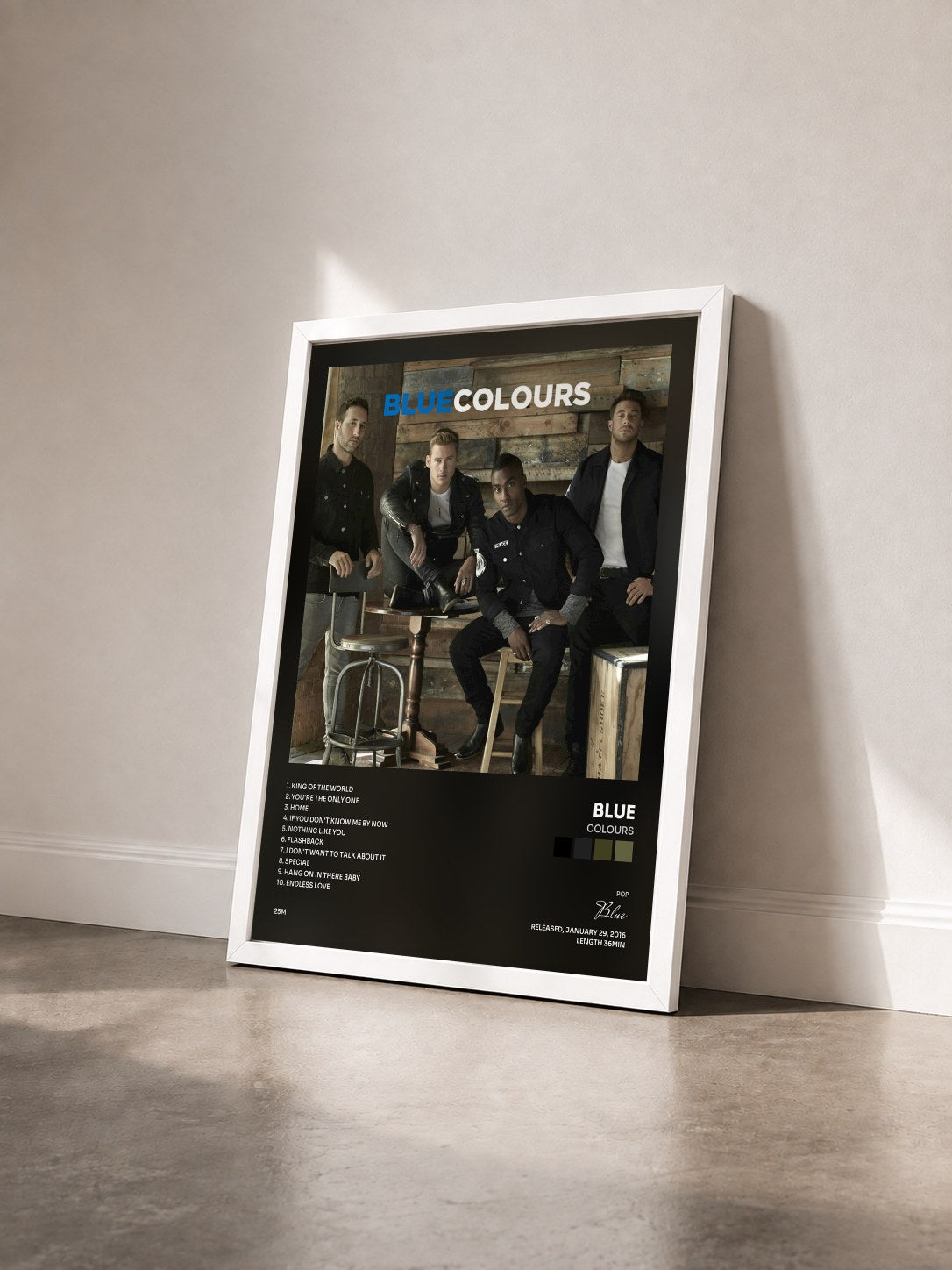 #blanc Tableau de l'album Colours de Blue vu de trois quarts, cadre blanc