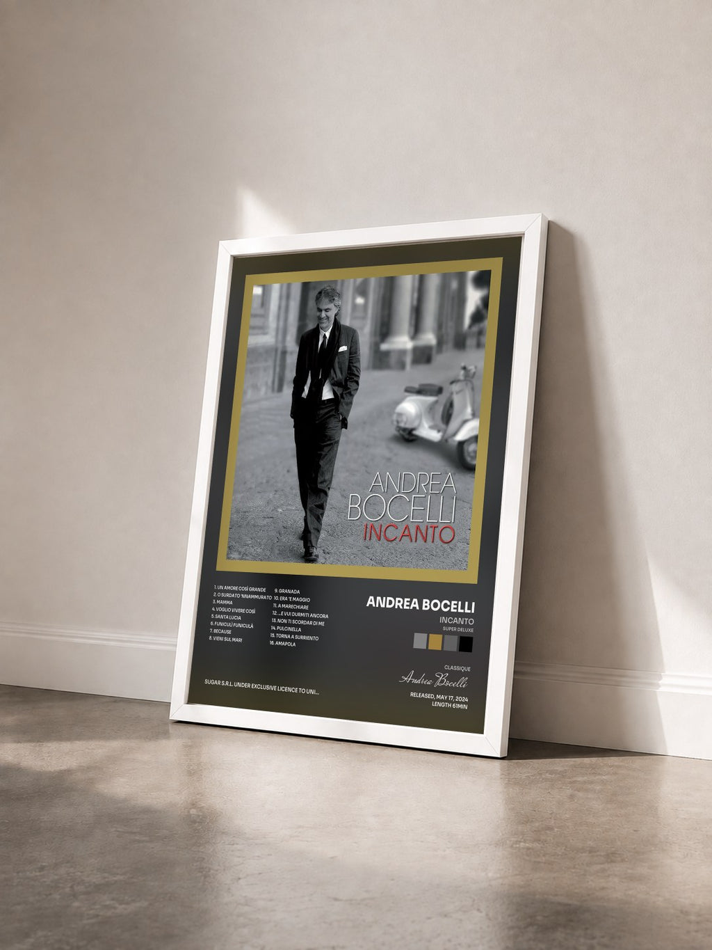 #blanc Tableau de l'album Incanto (Super Deluxe) de Andrea Bocelli vu de trois quarts, cadre blanc