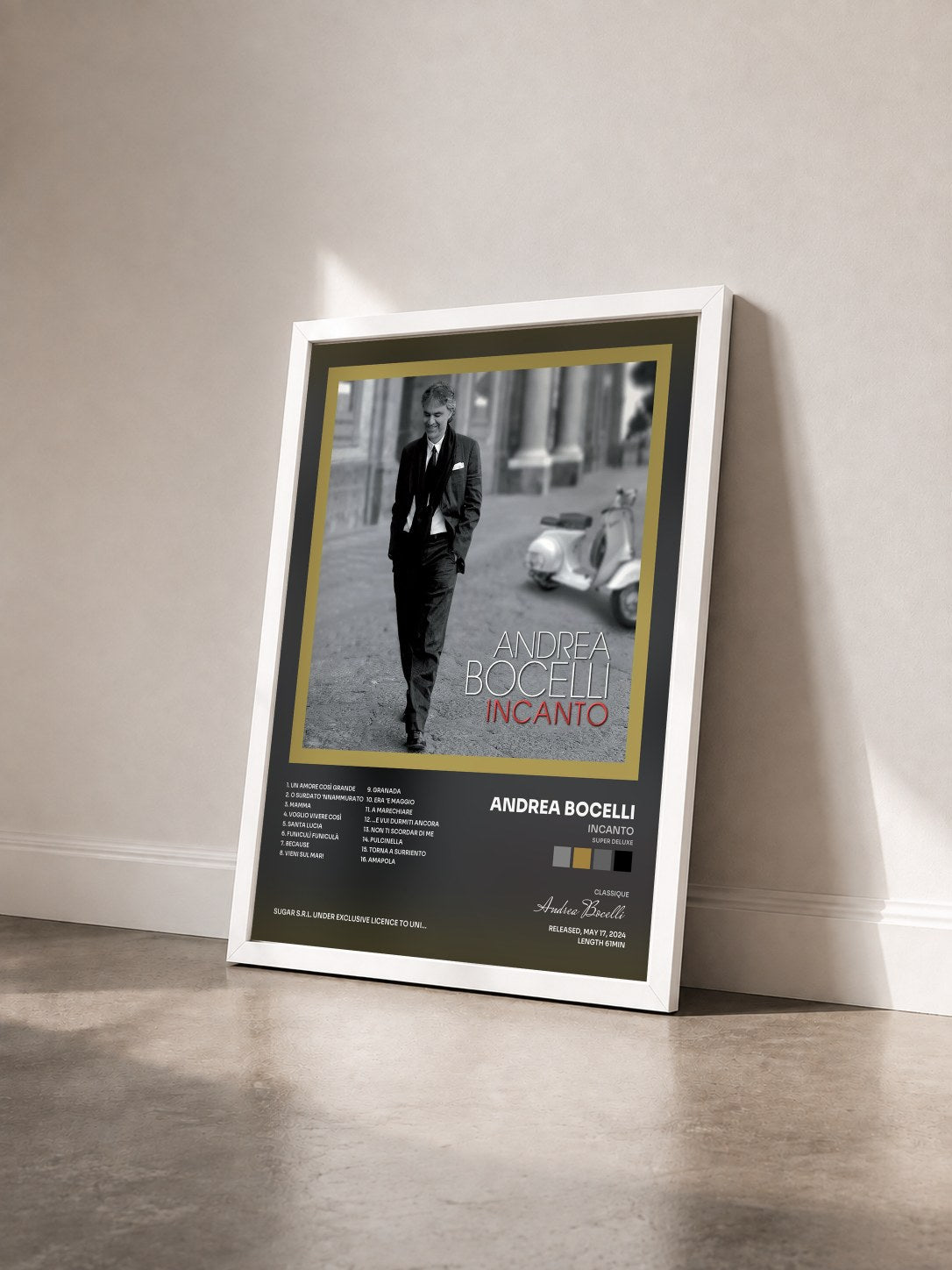 #blanc Tableau de l'album Incanto (Super Deluxe) de Andrea Bocelli vu de trois quarts, cadre blanc