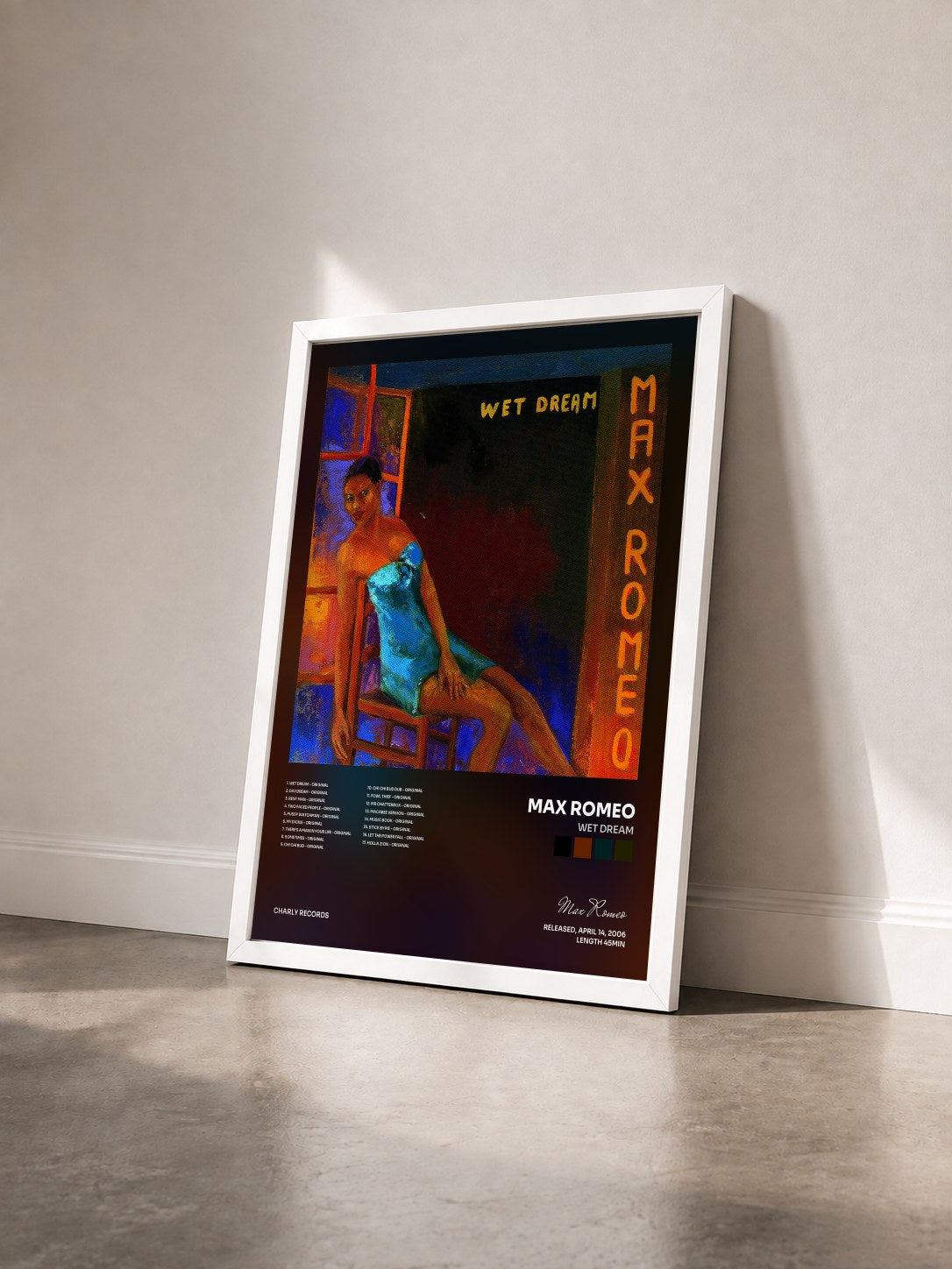 #blanc Tableau de l'album Wet Dream de Max Romeo vu de trois quarts, cadre blanc
