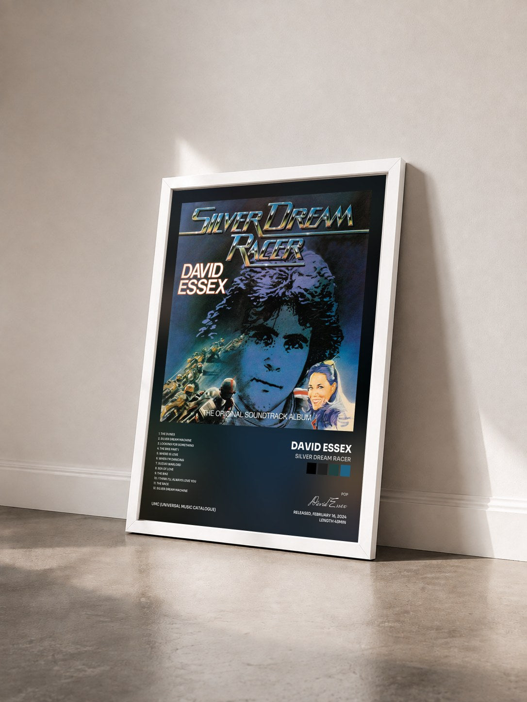 #blanc Tableau de l'album Silver Dream Racer de David Essex vu de trois quarts, cadre blanc