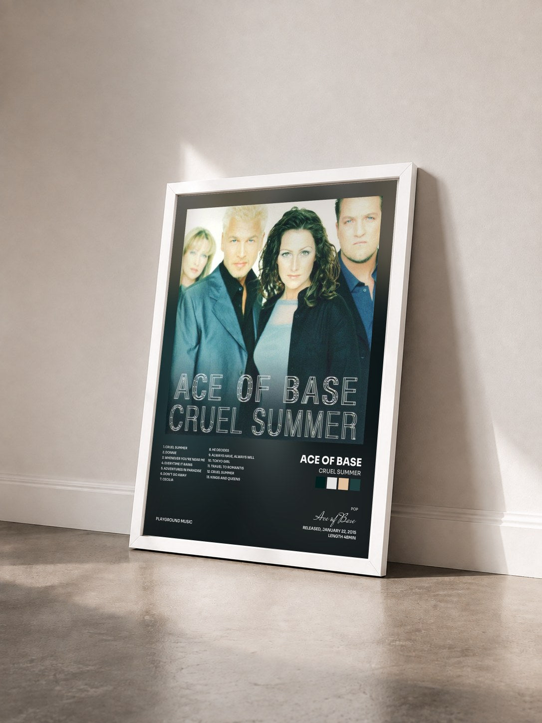 #blanc Tableau de l'album Cruel Summer de Ace of Base vu de trois quarts, cadre blanc