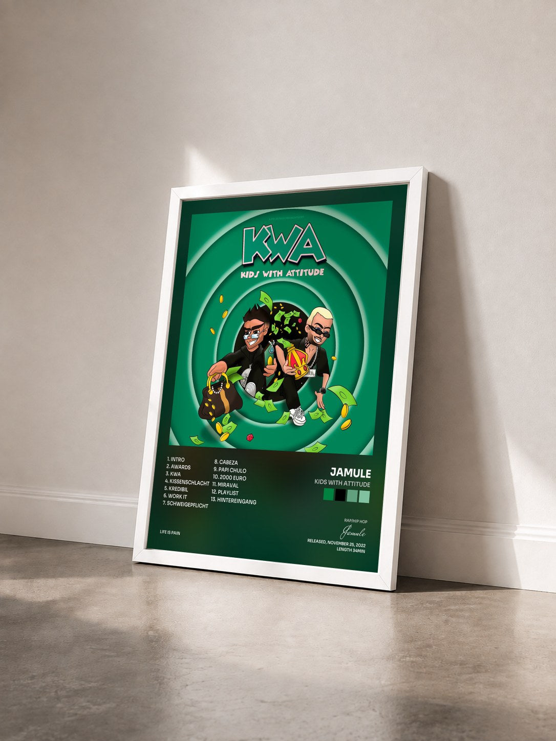 #blanc Tableau de l'album KIDS WITH ATTITUDE de Jamule vu de trois quarts, cadre blanc